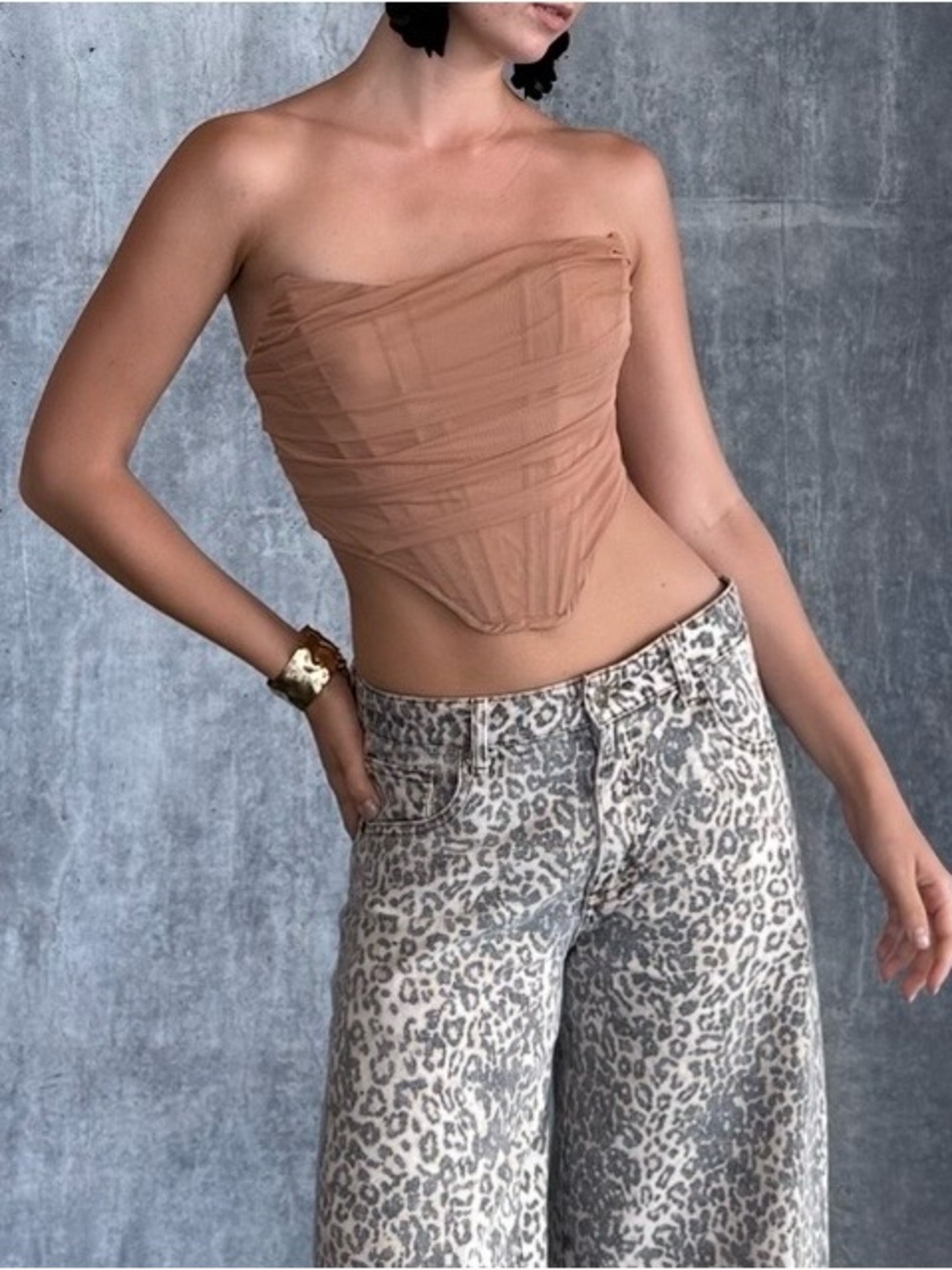 Superdown Savannah Strapless Ruched Mesh Tulle Corset Tank Top Nude S